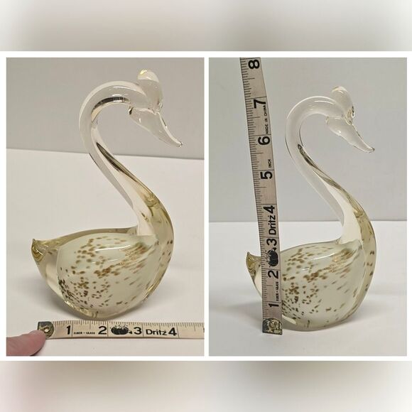 Vintage MCM Gold Flake Hand Blown Glass Swan Figurine Clear / White - Picture 8 of 8